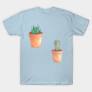 Cute Little Succulent Plant and Cactus in Terracotta Pots Hand Drawn in Watercolor and Ink T-Shirt